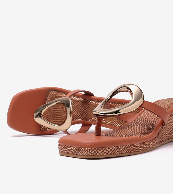 Golden Trim T-Strap Wedges - Tan
