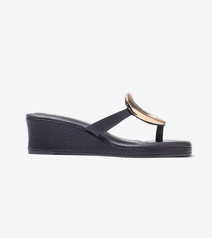 Golden Trim T-Strap Wedges - Black