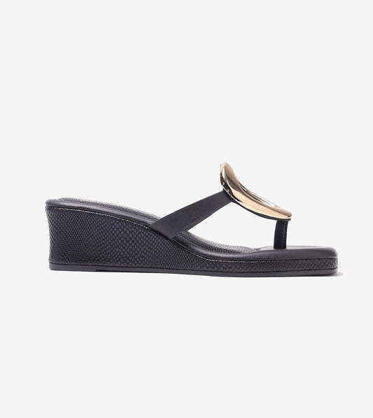Golden Trim T-Strap Wedges - Black