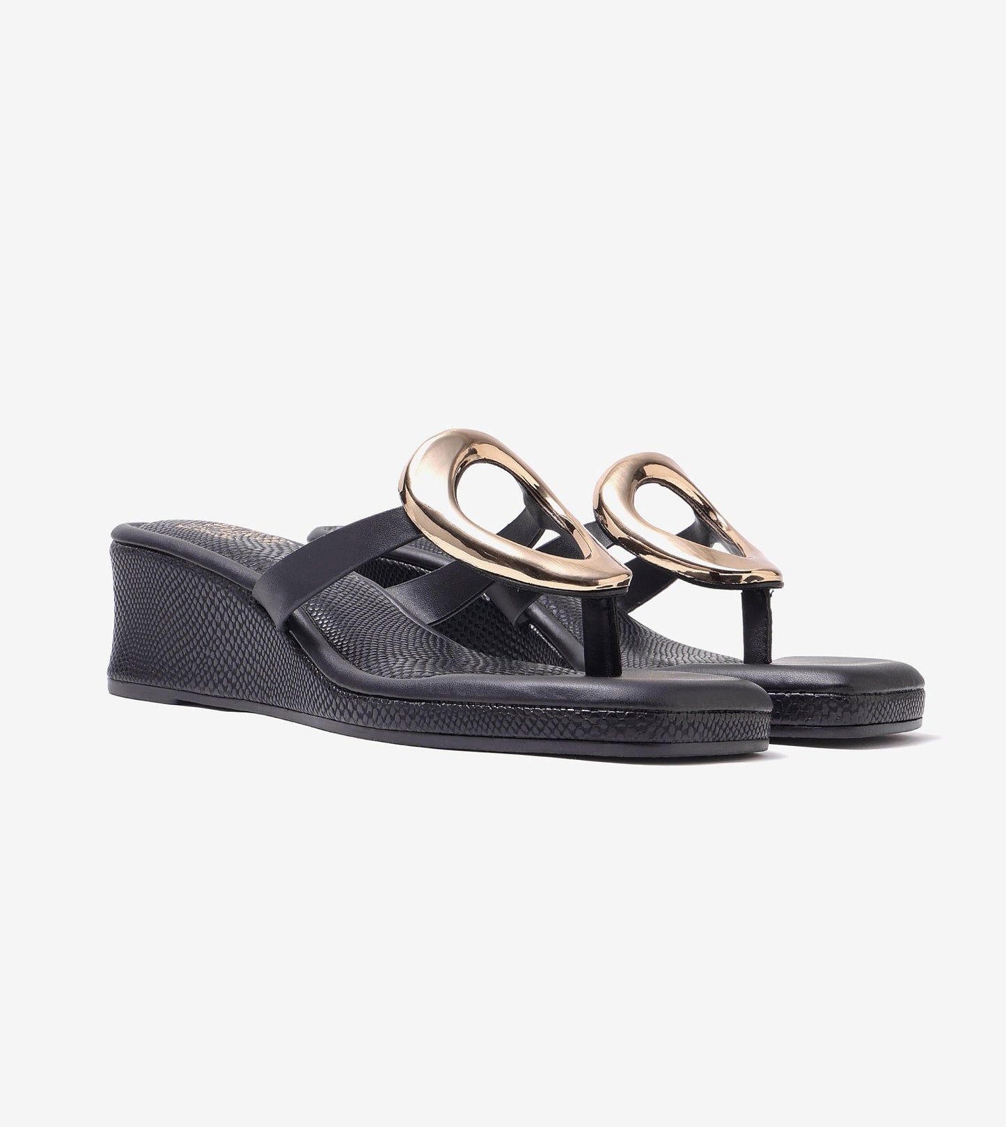 Golden Trim T-Strap Wedges - Black