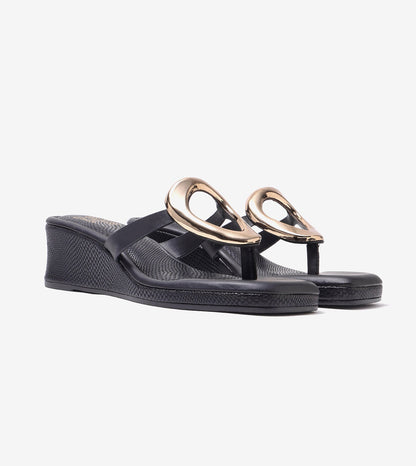 Golden Trim T-Strap Wedges - Black
