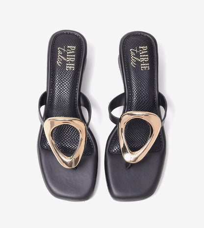 Golden Trim T-Strap Wedges - Black