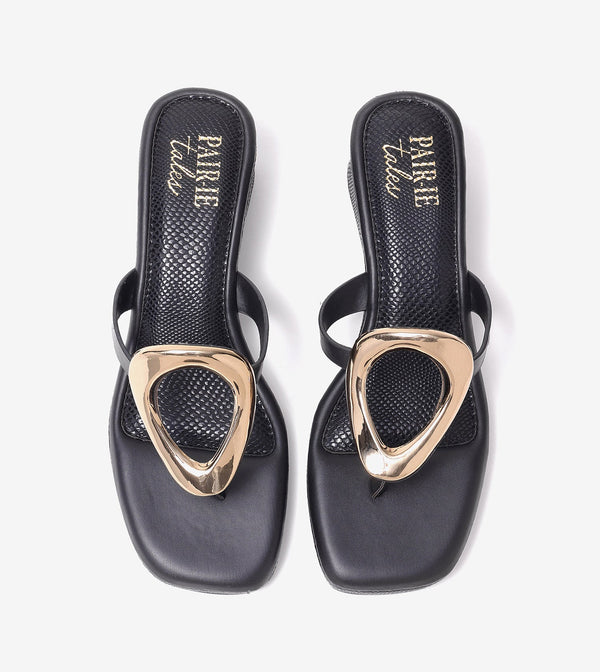 Golden Trim T-Strap Wedges - Black
