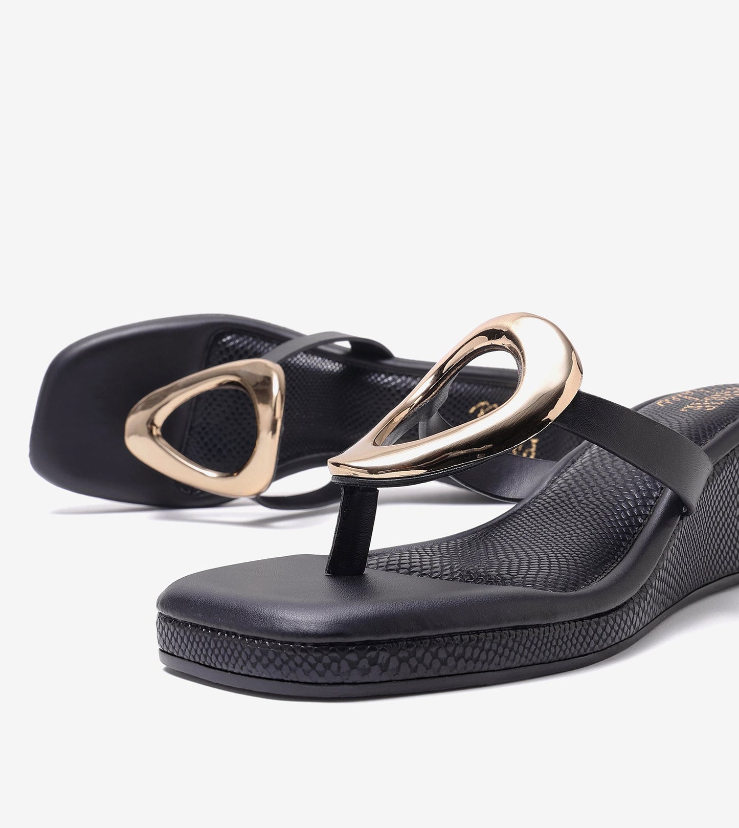 Golden Trim T-Strap Wedges - Black