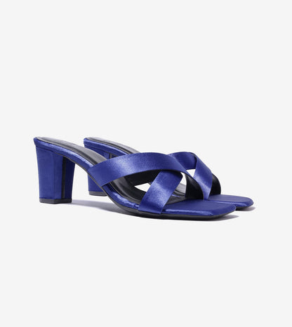 Cross Strap Block Heels - Navy
