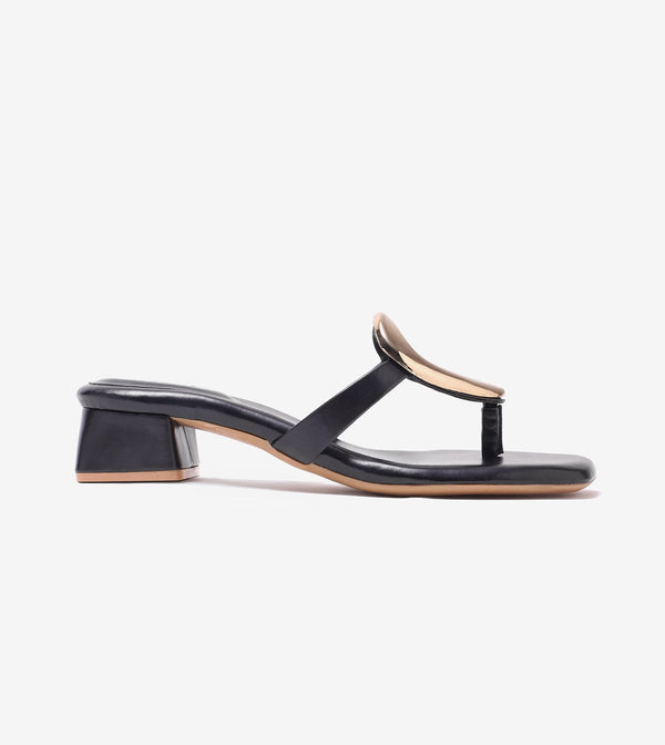 Metallic Accent T-Strap Block Heel - Black