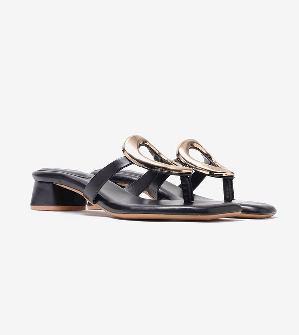 Metallic Accent T-Strap Block Heel - Black