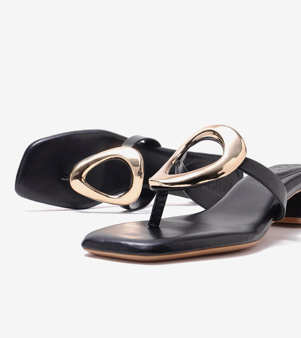 Metallic Accent T-Strap Block Heel - Black