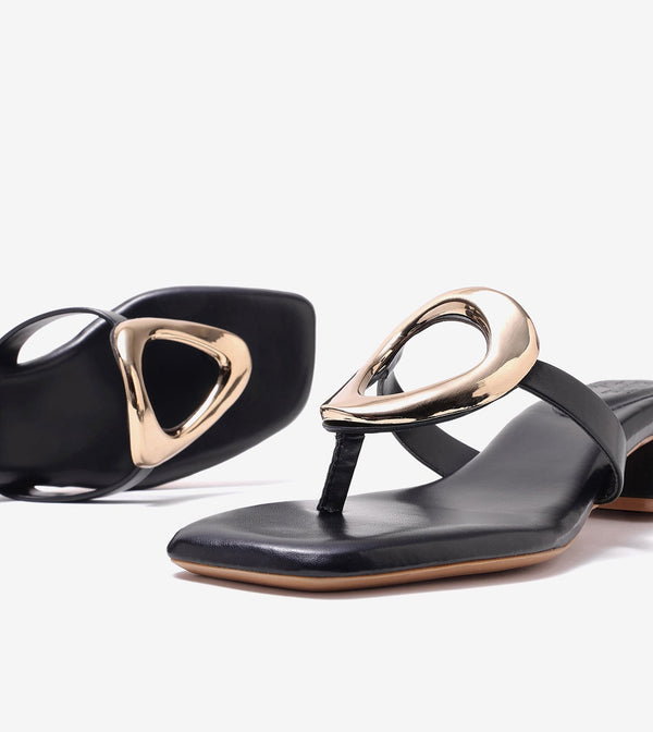 Metallic Accent T-Strap Block Heel - Black