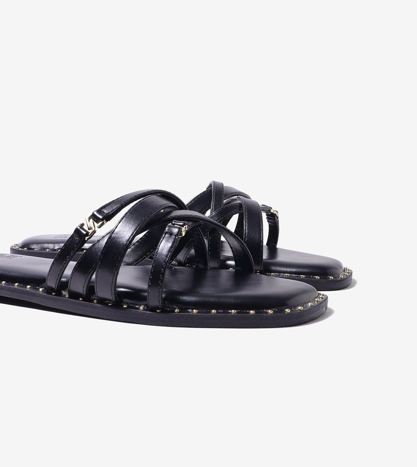 Multi-Strap Flats with Gold Accent - Black