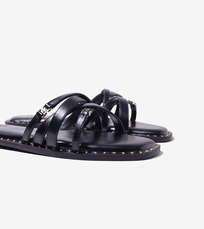 Multi-Strap Flats with Gold Accent - Black