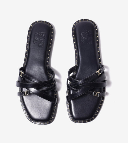 Multi-Strap Flats with Gold Accent - Black