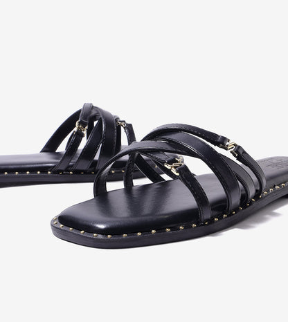 Multi-Strap Flats with Gold Accent - Black