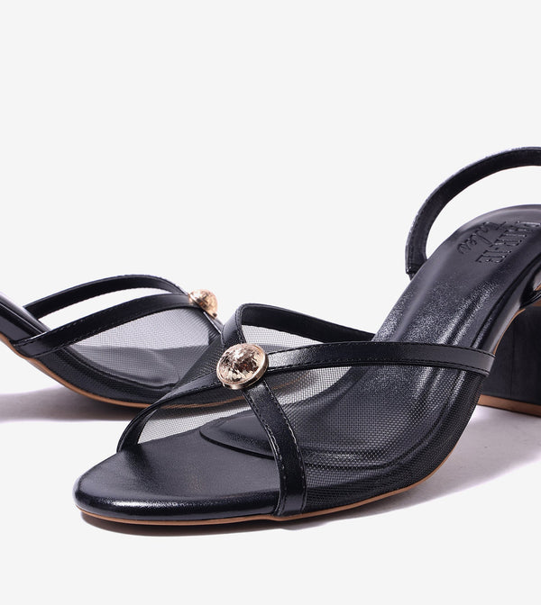Strappy Heels with Mesh Detail - Black