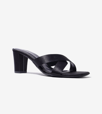 Cross Strap Block Heels - Black