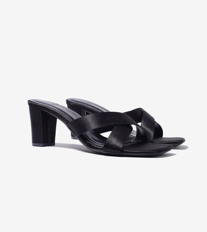 Cross Strap Block Heels - Black