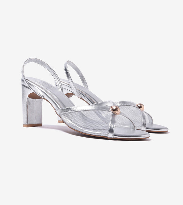 Strappy Heels with Mesh Detail - Silver