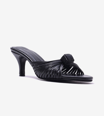 Knotted Strap Stiletto Mule Heels - Black