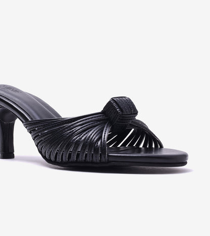 Knotted Strap Stiletto Mule Heels - Black