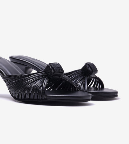 Knotted Strap Stiletto Mule Heels - Black