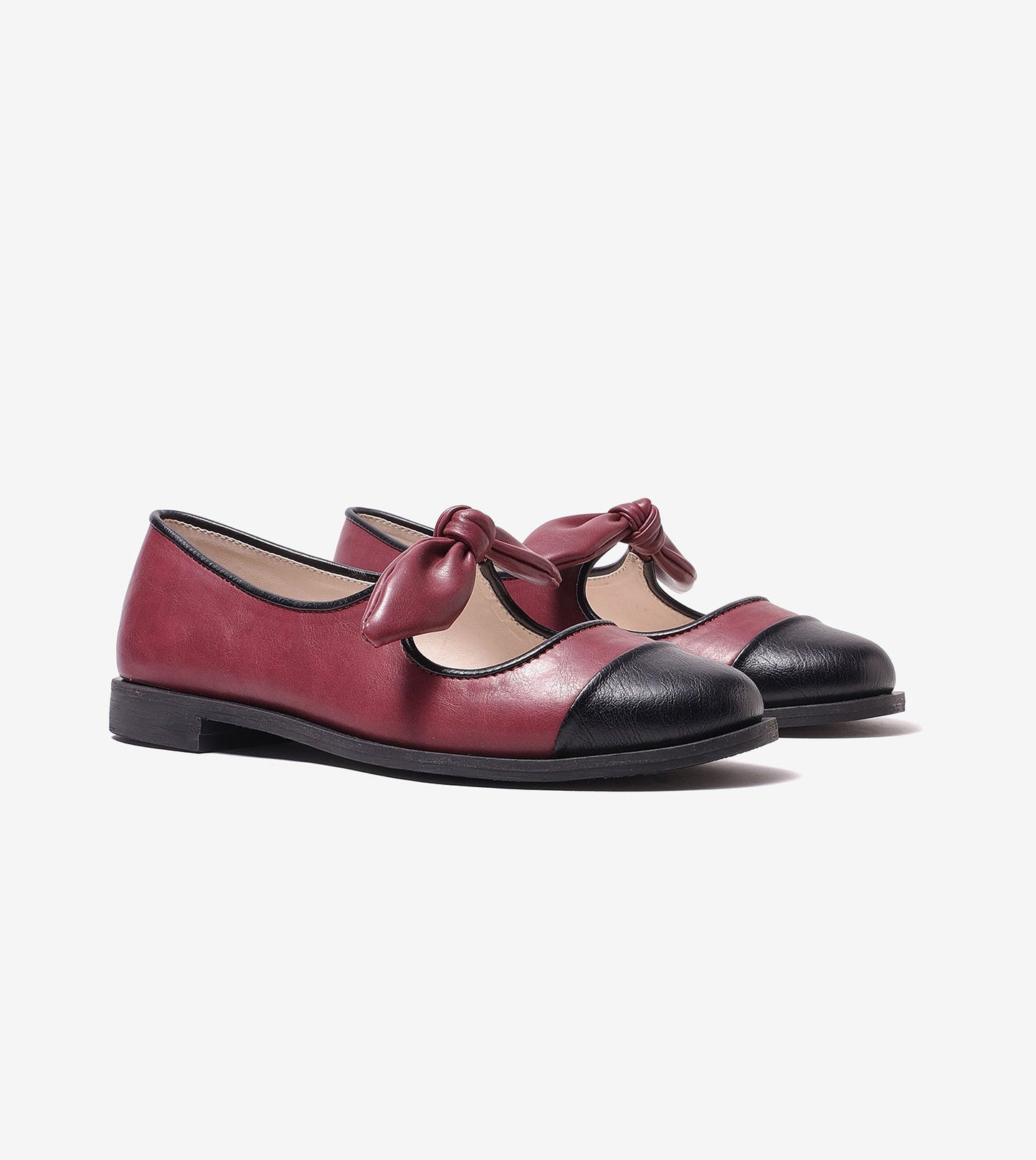 Bow Detail Cap-Toe Flats - Wine