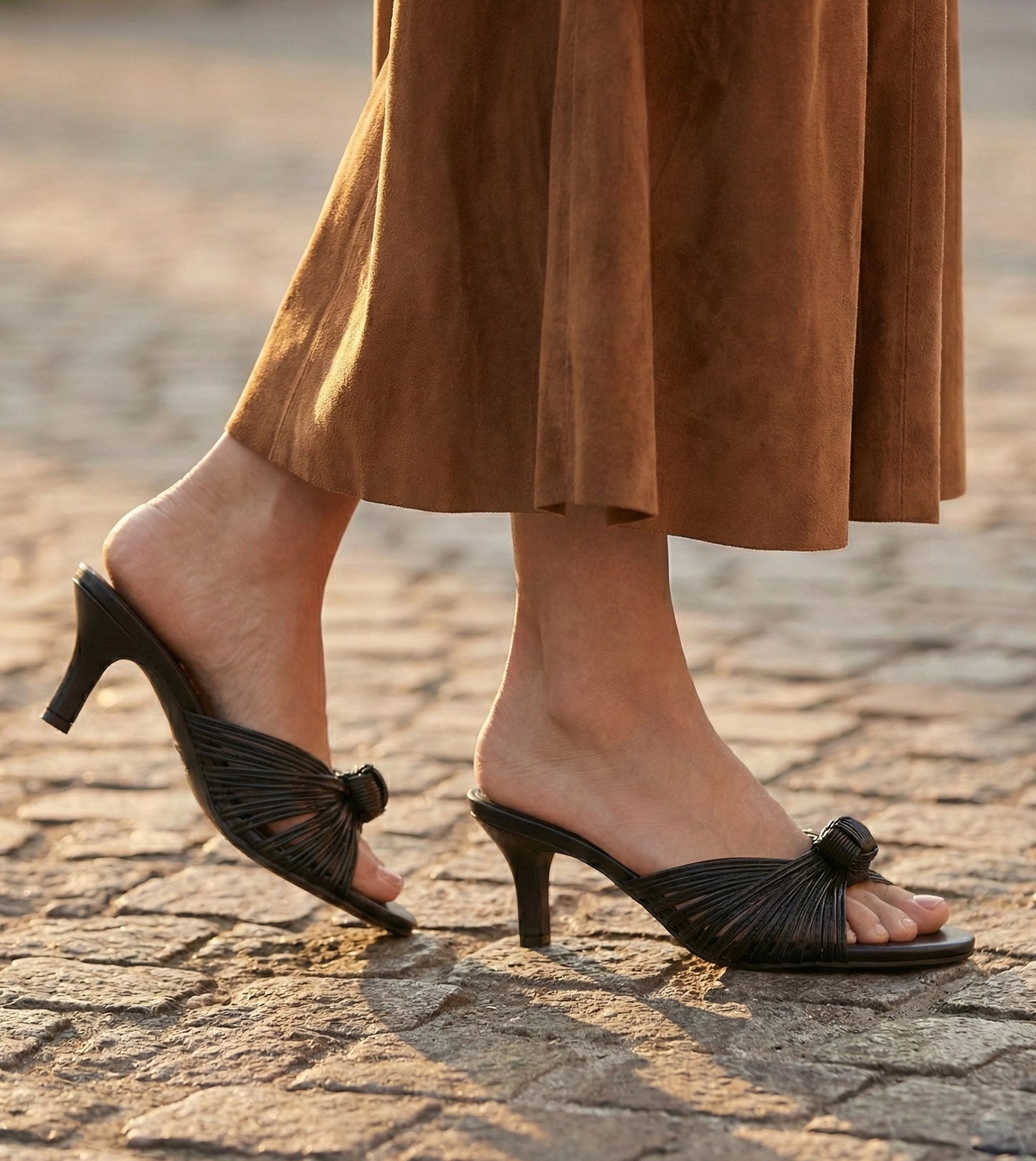 Knotted Strap Stiletto Mule Heels - Black