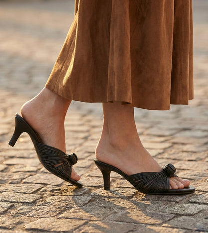 Knotted Strap Stiletto Mule Heels - Black