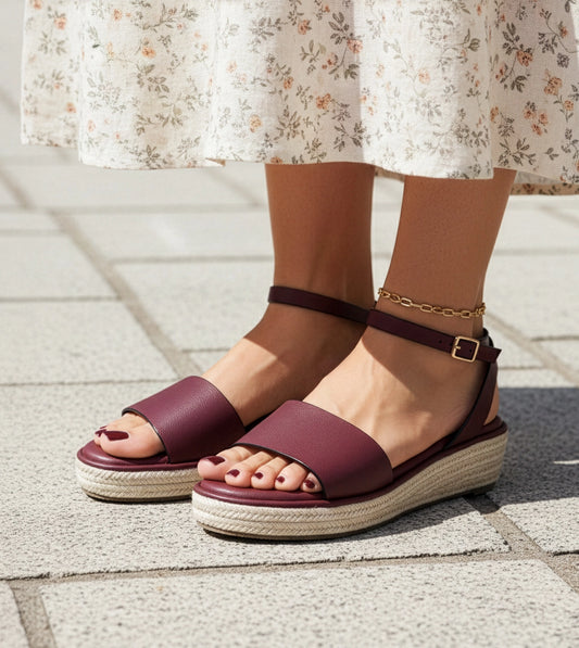Espadrille Wedges with Ankle Strap - Maroon