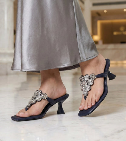 Embellished T-Strap Statement Heels - Indigo Blue