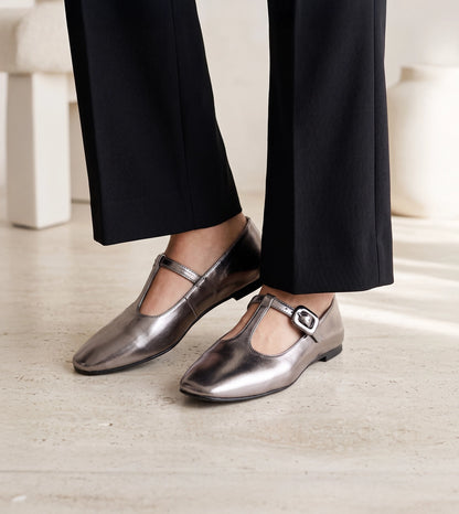 T-Strap Metallic Mary Janes Flats - Gunmetal