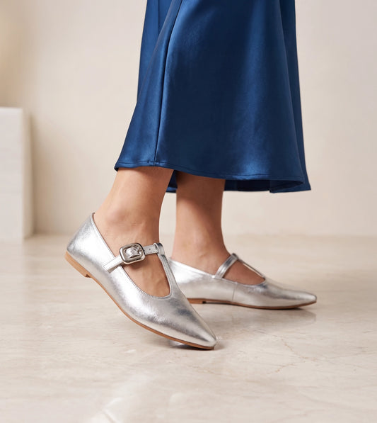 T-Strap Metallic Mary Janes Flats - Silver