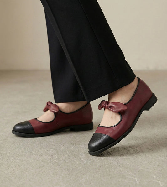 Bow Detail Cap-Toe Flats - Wine