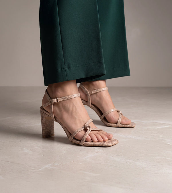 Snake Print Strappy Heeled Sandals - Beige