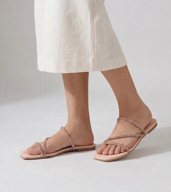 Rhinestone Strappy Sandals - Rose Gold