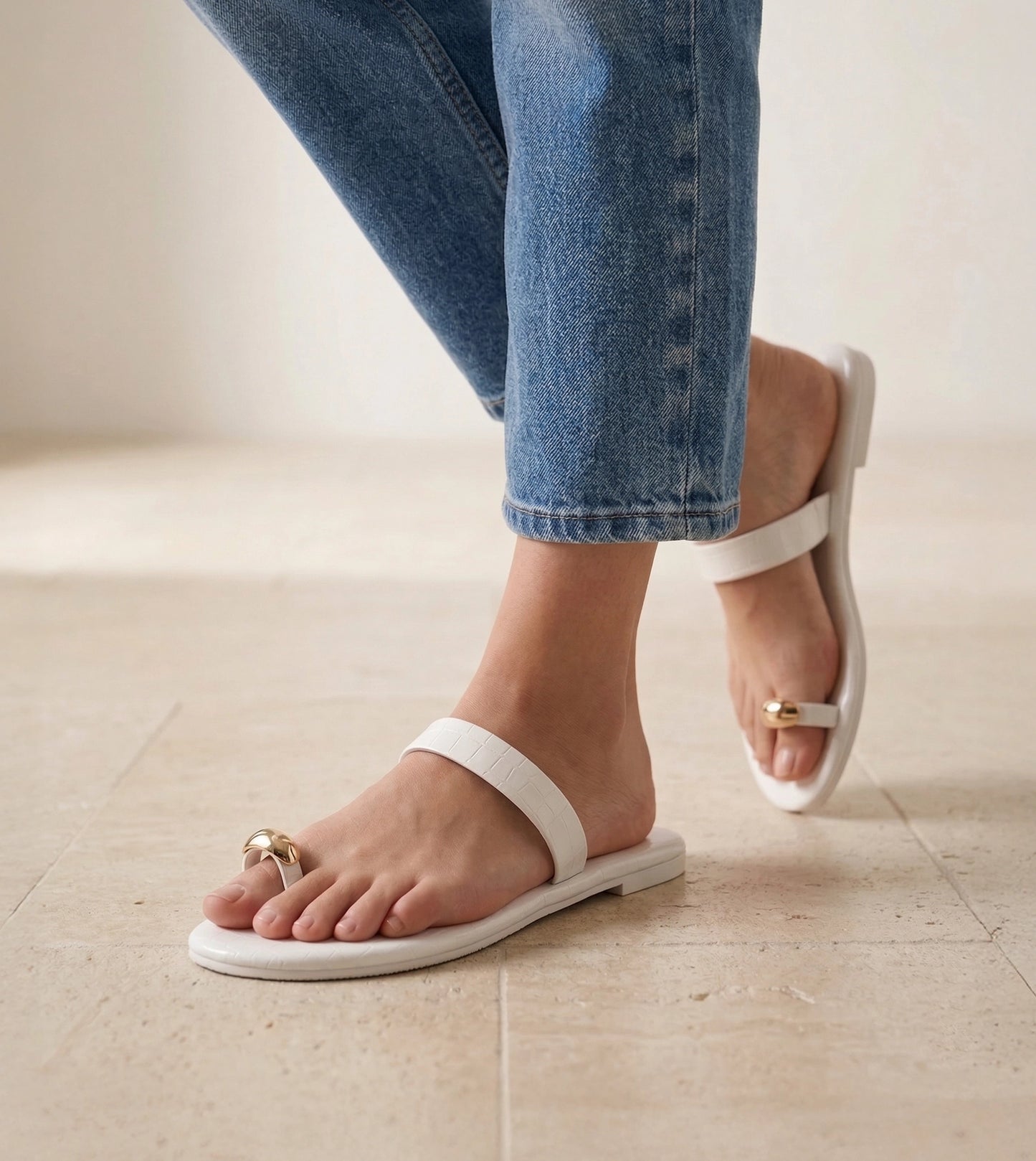 Patent Flat Sandals With Metallic Embellishment - White