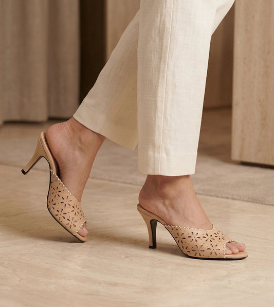 Laser Cutwork Stiletto Mules - Cream