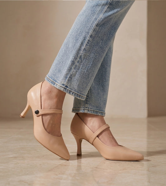 Pointed Toe Mary Jane Pumps - Peach