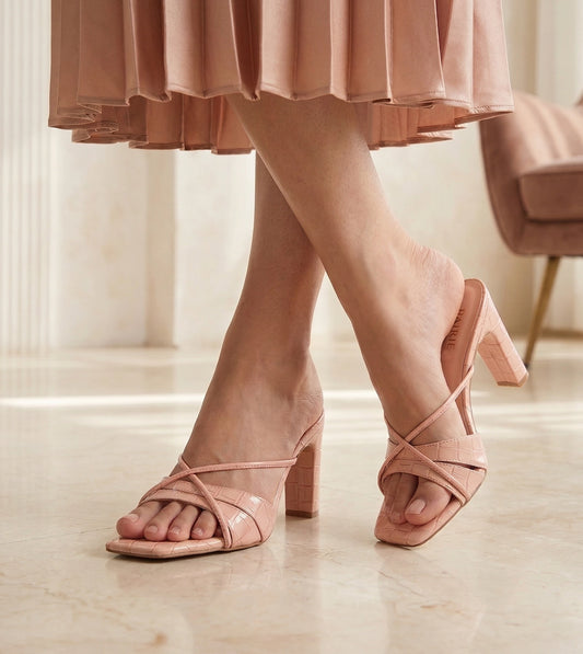 Patent Croco Strappy Sandals - Peach
