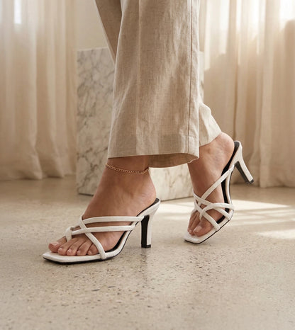 Asymmetric Strappy Tubular Heeled Sandals - White