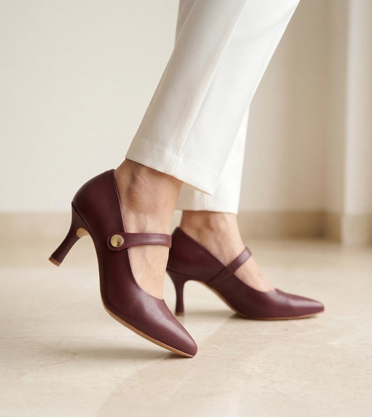Pointed Toe Mary Jane Pumps - Cherry