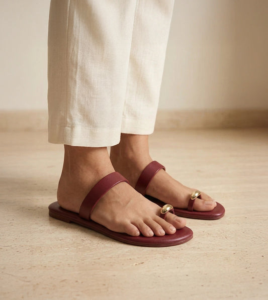Patent Flat Sandals With Metallic Embellishment - Maroon