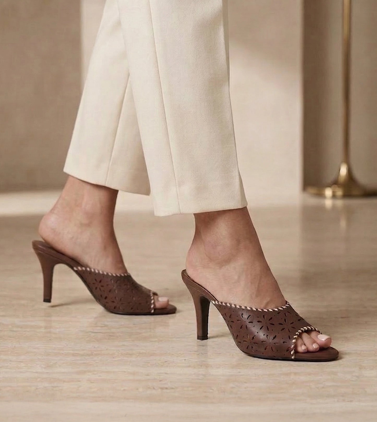 Laser Cutwork Stiletto Mules - Brown