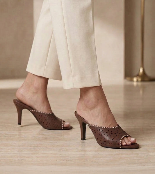 Laser Cutwork Stiletto Mules - Brown