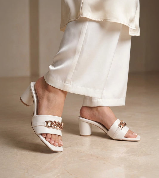 Chain Link Heeled Mules - White