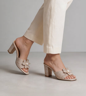 Jute Block Heeled Mule With Metal Adornment - Beige