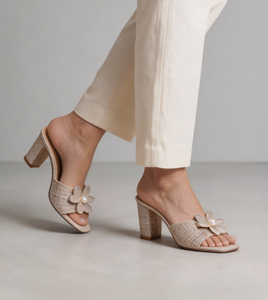 Jute Block Heeled Mule With Metal Adornment - Beige