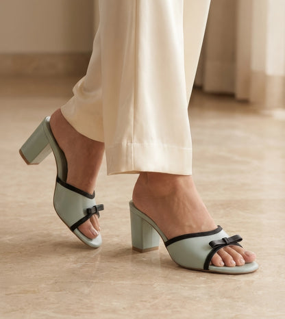 Two Tone Bow Heeled Mules - Green