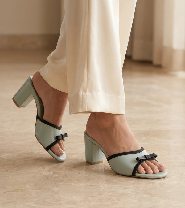 Two Tone Bow Heeled Mules - Green