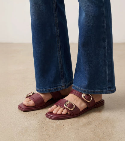 Double Strap Buckled Flat Sandals - Maroon