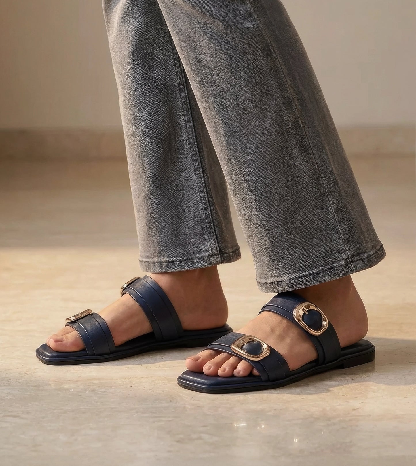 Double Strap Buckled Flat Sandals - Navy Blue